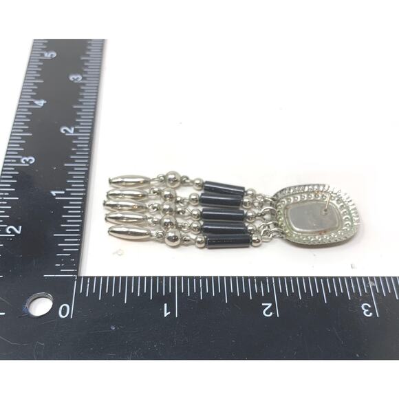 Vintage 1980's Silver Tone Black Enamel Pierced Dangle Earrings Bohemian Tribal - Picture 4 of 5